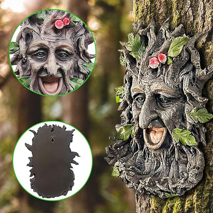 12" Real Tree Face Hugger Statue, Outdoor Garden Resin Bird Feeder Sculpture with Foliage Features, Fairy Elve Accent Yard Art, Halloween Trees Decorations Outdoor Wall Mounted Statue