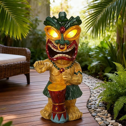 Solar Tiki Garden Statue with LED Eyes Outdoor Polynesian Drummer Hawaiian Party Decor Solar Light Ornament for Patio Porch Lawn or Tiki Lover Best Gifts for Tiki Lovers