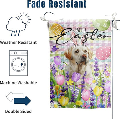 Happy Easter Labrador Dog Garden Flag White Lab Spring Flags Buffalo Plaid Bunny Eggs Yard Flag for Outside 12x18 Double Sided Small Decorative Floral Outdoor Flag