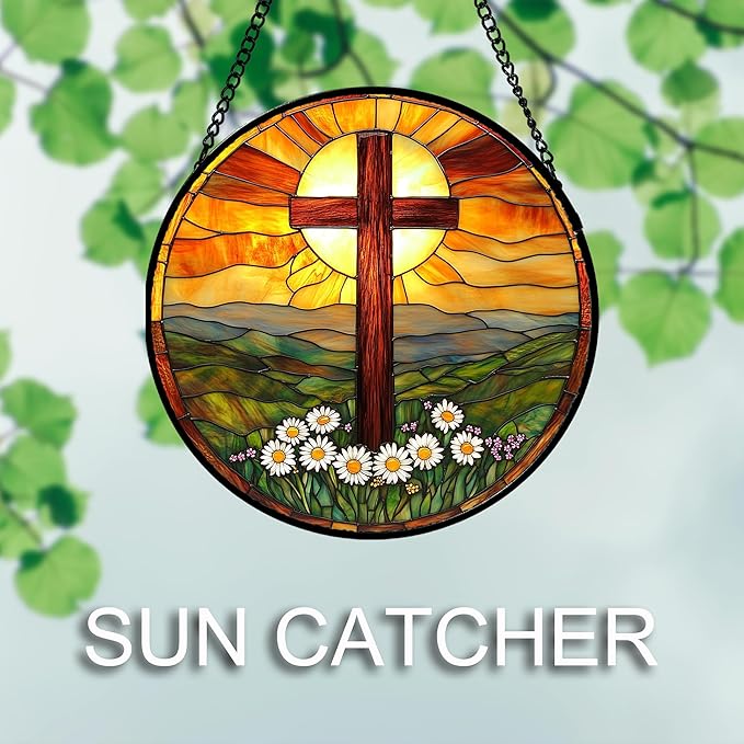 Christian Gifts for Women - Cross Stained Glass Window Hanging Easter Daisy Natural Landscape Sun Catcher Garden Religion Decor Mother's Day Catholic Gift for Men Grandma Mom Her Nana 6.3"
