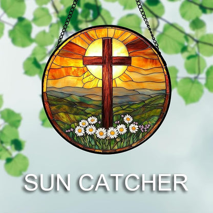 Christian Gifts for Women - Cross Stained Glass Window Hanging Easter Daisy Natural Landscape Sun Catcher Garden Religion Decor Mother's Day Catholic Gift for Men Grandma Mom Her Nana 11.8"