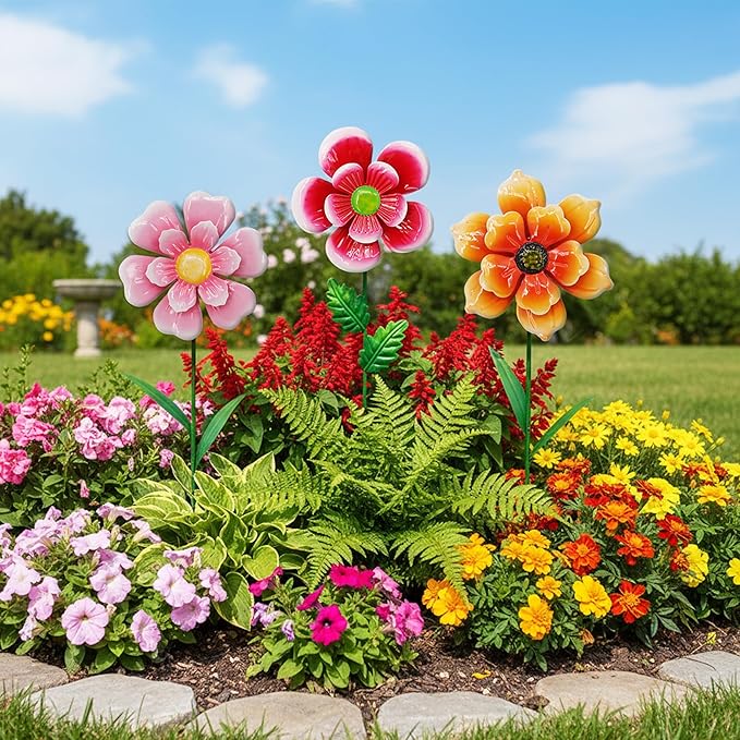 3pcs Flowers Yard Wind Spinners Outdoor Decoration Stakes Lawn Ornaments, Lawn Decorations Garden Stakes, Metal Outside Decorations for Metal Yard Art Flower Garden Decor, Spring Mom Gifts