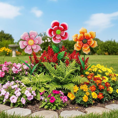 3pcs Flowers Yard Wind Spinners Outdoor Decoration Stakes Lawn Ornaments, Lawn Decorations Garden Stakes, Metal Outside Decorations for Metal Yard Art Flower Garden Decor, Spring Mom Gifts