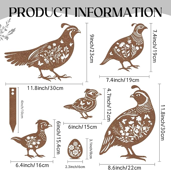 Metal Garden Stakes for Outside - 6 Pcs Quail Decor Yard Art Statues Outdoor Waterproof Figurine Silhouette Patio Lawn Pathway Backyard Ornaments Birthday Gift for Women Mom Grandma Wife
