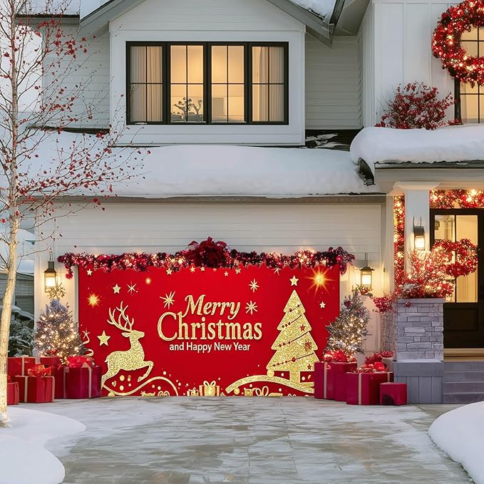 IVN Christmas Garage Door Cover Decoration 13x6ft Santa Glitter Gold Tree Reindeer on Red Holiday Christmas Garage Door Banner Home Garage Door Front Yard Decor for Xmas Eve Holiday Outdoor