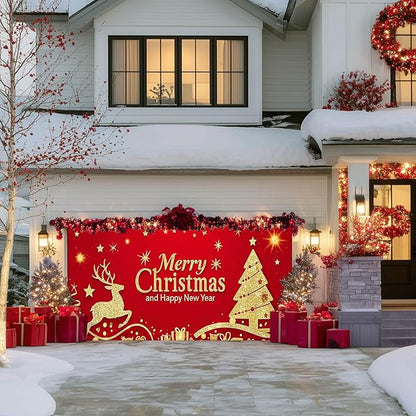 IVN Christmas Garage Door Cover Decoration 13x6ft Santa Glitter Gold Tree Reindeer on Red Holiday Christmas Garage Door Banner Home Garage Door Front Yard Decor for Xmas Eve Holiday Outdoor