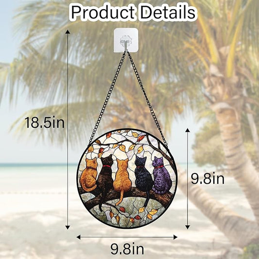 DASTOLL Stained Glass Window Hanging - 5 Cats on a Branch Suncatcher for Window Doors Home Decoration and Christmas, Mother's Day Father's Day Birthday Gifts for Women, Men, and Mom 9.8x9.8 in