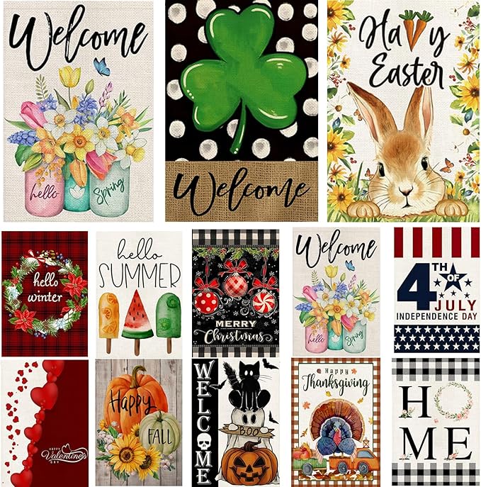 Garden Flags 12x18 Double Sided, Set of 12 Yard Flags for Outside Seasonal Garden Flag Outdoor Holiday Farmhouse Decorations Flags for All Seasons(Seasonal)