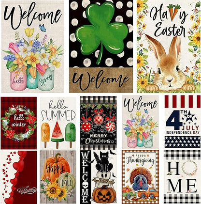 Garden Flags 12x18 Double Sided, Set of 12 Yard Flags for Outside Seasonal Garden Flag Outdoor Holiday Farmhouse Decorations Flags for All Seasons(Seasonal)