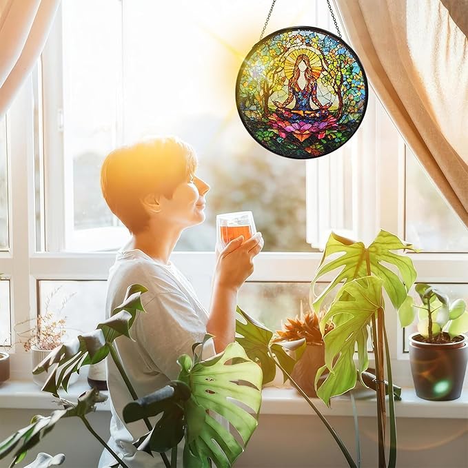 Bimkole Relaxing Woman Stained Glass Suncatcher Window Hanging - Yoga Design for Indoor Window or Doorway Decoration - 7.87x7.87 inch with Chain and Hook - Unique Home Decor Gift