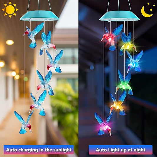 Solar Hummingbird Gift for Mom Grandma Girls, Color Changing Solar Wind Chimes for Outside, Outdoor Decorative Mobile Lights for Garden, Patio, Window, Party Decors, Gift for Women