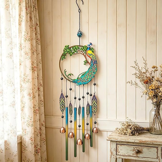 Peacock Dream Catchers Windchimes with Copper Bells 28" Peacock Wind Chimes for Zen Atmosphere Outdoor Garden Decor Unique Peacock Gift Home Decor