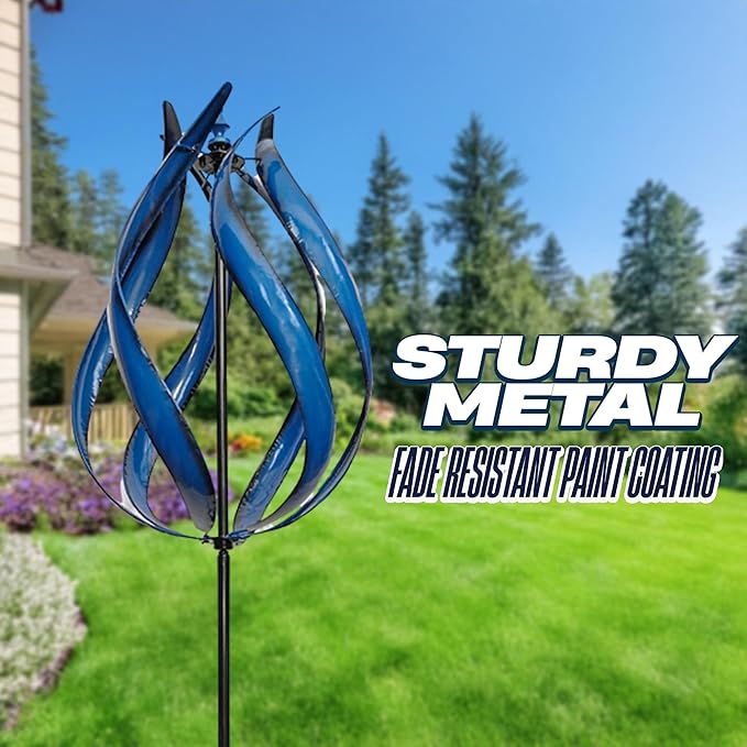 Large 3D Ice Blue Fire Flame Wind Spinner – Metal Kinetic Sculpture for Outdoor Garden, Yard & Patio – Decorative Spinning Art, Wind Catcher Chaser Spinner, Lawn Ornament, Motion Decor – 19" W X 90" H