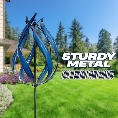 Large 3D Ice Blue Fire Flame Wind Spinner – Metal Kinetic Sculpture for Outdoor Garden, Yard & Patio – Decorative Spinning Art, Wind Catcher Chaser Spinner, Lawn Ornament, Motion Decor – 19" W X 90" H