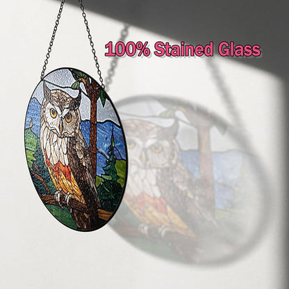 6" Owl Stained Glass Suncatchers Art Glass Owls for Sun Catcher Indoor Window Gifts for Pet Animal Nature Floral Lovers Women Grandma Mom Friend Painted Panel Décor BIRD-07B-SG6