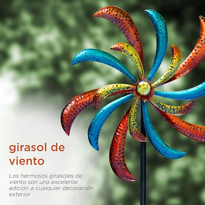 Alpine Corporation 63" Tall Outdoor Curved Blade Windmill Stake Kinetic Spinner, Multicolor