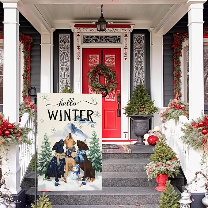 Hello Winter Garden Flag Double Sided Dog Retriever Retrievers Snowflake Burlap Yard Flag Rustic Farmhouse UV Fade Resistant Snow Man Small Garden Flags Front Porch Lawn Outdoor 12x18 Inch