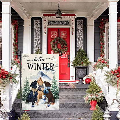 Hello Winter Garden Flag Double Sided Dog Retriever Retrievers Snowflake Burlap Yard Flag Rustic Farmhouse UV Fade Resistant Snow Man Small Garden Flags Front Porch Lawn Outdoor 12x18 Inch