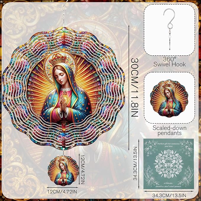 Our Lady Wind Spinners Outdoor - Christian Hanging Decor, Religious Gifts for Women, 3D Stainless Steel Wind Sculptures for Indoors Garden Patio Yard Porch Backyard
