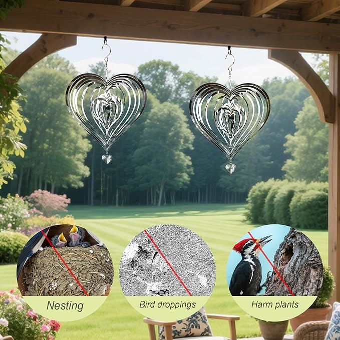 HOOSUN Metal Wind Spinners Outdoor for Yard and Garden Decor,Reflective Bird Deterrents for Outside Windows Patio Porch,Stainless Steel 3D Hanging Heart Wind Spinners Gifts for Mom Women
