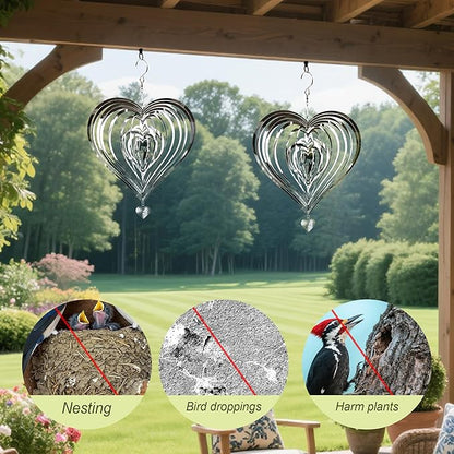 HOOSUN Metal Wind Spinners Outdoor for Yard and Garden Decor,Reflective Bird Deterrents for Outside Windows Patio Porch,Stainless Steel 3D Hanging Heart Wind Spinners Gifts for Mom Women