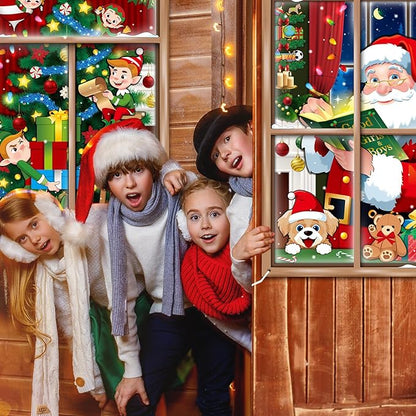 Preboun 2 Pcs Christmas Curtain Window Decoration Xmas Window Silhouette Snowflake Cover Christmas Poster for Indoor Outdoor Holiday Party Wall Garage Door Decor(Santa Claus and Elf Tree)