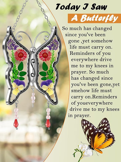 KY&BOSAM Butterfly Suncatchers DIY Stained Glass Suncatcher for Windows Ornament Wind Chime with Pressed Flower Embedded in Glass Birthday Gifts for Mom Mother`s Valentine's Day