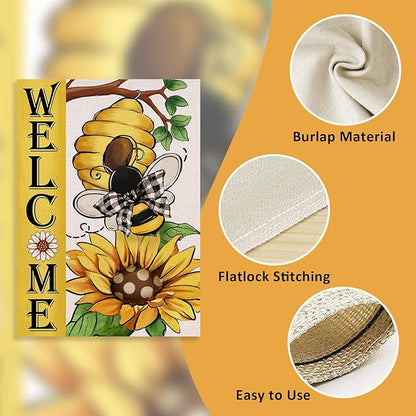 Welcome Spring Summer Bumble Bee Sunflower Decorative House Flag, Honeycomb Flower Garden Yard Outside Decorations, Buffalo Plaid Bow Farmhouse Outdoor Large Home Decor Double Sided 28 x 40