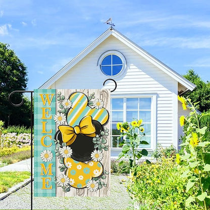 Welcome Spring Decorative Garden Flag, Daisy Flower Yellow Teal Plaid Stripes Yard Outside Decorations, Summer Farmhouse Outdoor Small Home Decor Double Sided 12 x 18
