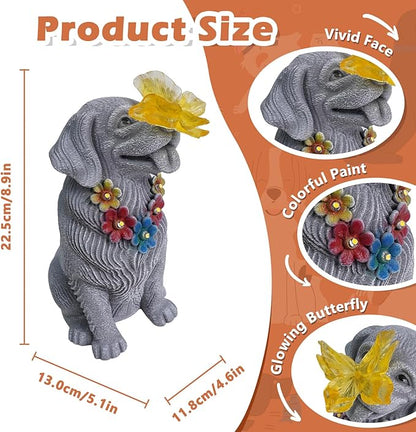 Dog Garden Statue with Solar Butterfly Light - Adorable Labrador Figurine with Flower Garland - Outdoor Decor for Patio & Pet Memorial Gift - Christmas Housewarming Birthday Gifts for Grandma Mom