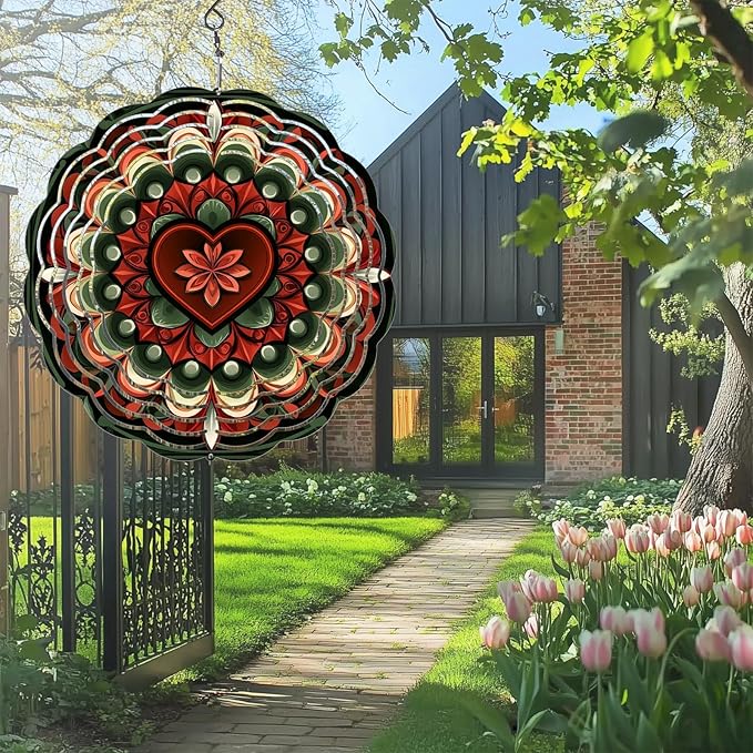 Green Mandala Wind Spinners Outdoor, Hanging Wind Spinner for Garden Decoration, 8 inch 3D Stainless Steel Metal Wind Sculpture for Indoor/Outdoor Decor