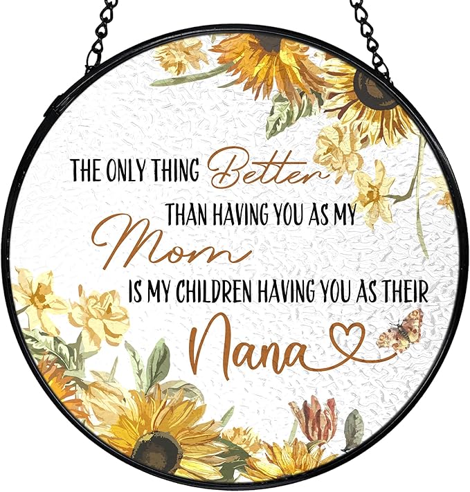 Nana Gifts Suncatchers Stained Glass Window Hanging, Mom Nana Gifts for Mother's Day, Sunflower Sun Catchers Indoor Window, Gift for Mother Grandma, 7.9x7.9in