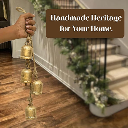 4 Small Rustic Vintage Cow Bells on Rope – Lucky Cow Bells Cluster, Handmade Metal Wall Hanging Décor for Home, Garden, Patio – Boho Farmhouse Bells on Rope Décor (Set of 4) (3 inch)