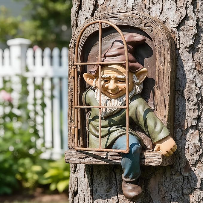 12" Real Gnome Tree Face Hugger Statue,Garden Decoration Climbing Decor Outdoor,Whimsical Fairy Door Tree Face Figurine Lawn Patio Decor,Funny Elves Peeker Sculpture Hanging Yard Art