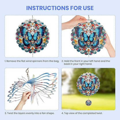 MXJSUA Blue Butterfly Wind Spinners for Indoor Outdoor Garden Decoration, 12 Inch Flowers Stainless Steel Hanging Wind Spinners Ornaments Crafts for Gifts