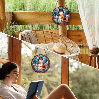 Christmas Snowman Suncatcher Stained Glass Window Hanging Decor, Winter Snowman Stained Glass Wall Decor, Christmas Garden Sun Catchers Indoor Window Hanging Wall Art, 7.9x7.9In