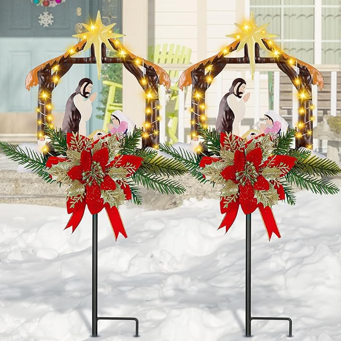 Moukeren 2 Pcs 2 Pcs 3.5ft Nativity Scene Outdoor Yard Stakes, Solar Lighted Outdoor Metal Christmas Nativity Scene Decoration for Christmas Holiday Lawn Garden Yard Decoration (Vivid)