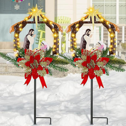 Moukeren 2 Pcs 2 Pcs 3.5ft Nativity Scene Outdoor Yard Stakes, Solar Lighted Outdoor Metal Christmas Nativity Scene Decoration for Christmas Holiday Lawn Garden Yard Decoration (Vivid)