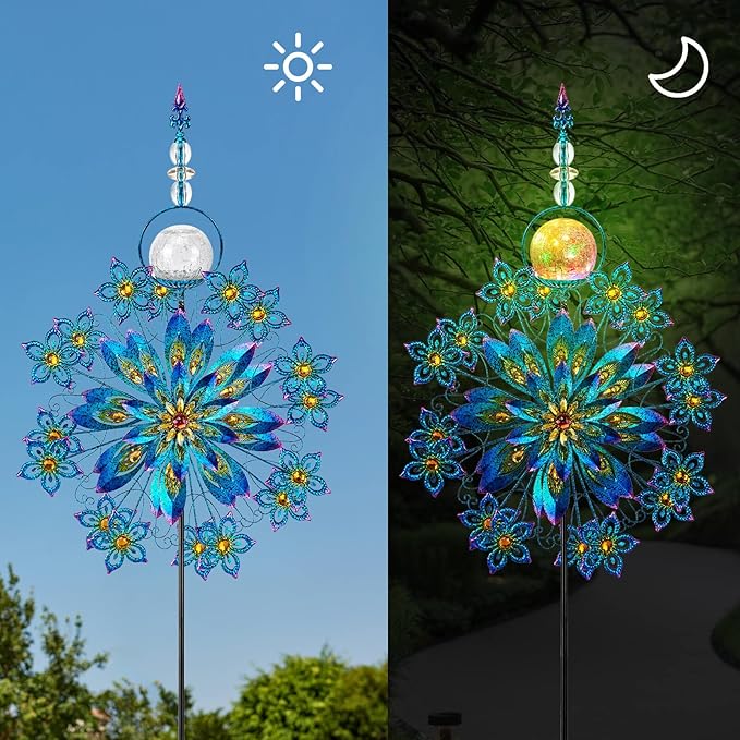 Kircust Large Solar Wind Spinner with Glass Ball - Peacock Themed Kinetic Garden Art, Dual Spinning Metal Decor for Outdoor Yard, Lawn, or Patio in Elegant Peacock Blue