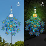 Kircust Large Solar Wind Spinner with Glass Ball - Peacock Themed Kinetic Garden Art, Dual Spinning Metal Decor for Outdoor Yard, Lawn, or Patio in Elegant Peacock Blue