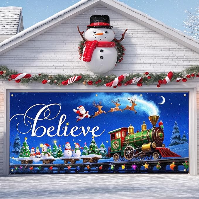 IVN Christmas Garage Door Cover Decoration 13x6ft Night Sky Train Sleigh and Stars Merry Christmas Garage Door Banner Home Door Front Yard Decor for Xmas Eve Holiday Outdoor