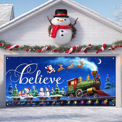 IVN Christmas Garage Door Cover Decoration 13x6ft Night Sky Train Sleigh and Stars Merry Christmas Garage Door Banner Home Door Front Yard Decor for Xmas Eve Holiday Outdoor