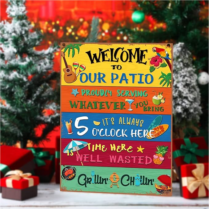 Welcome to Our Patio Outdoor Sign Metal Patio Sign Welcome Signs for Porch New Home Birthday Gift for Men Women Neighbor Friends Family Couple Party Outdoor Pool Decor, 12 x 16 Inches