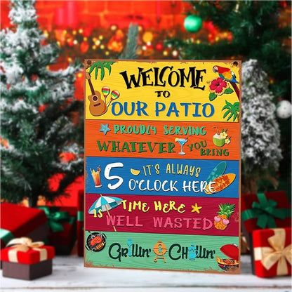 Welcome to Our Patio Outdoor Sign Metal Patio Sign Welcome Signs for Porch New Home Birthday Gift for Men Women Neighbor Friends Family Couple Party Outdoor Pool Decor, 12 x 16 Inches