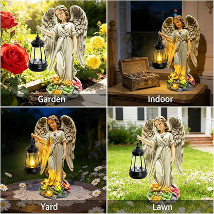 Solar Garden Statue Angel Figurine - Fairy Garden Angel Decor with Hanging Solar Lanterns and Succulent LED Lights for Balcony Patio Lawn Yard Ornaments, Mothers Day Gifts for Women Mom Grandma