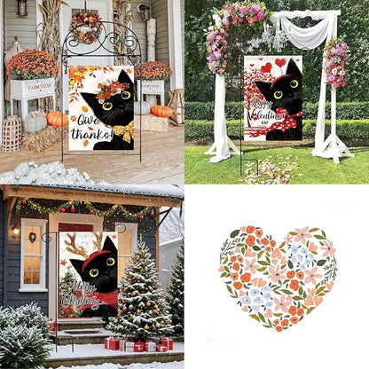 Seasonal Garden Flags Set of 11 Double Sided 12 x 18 Inch Cute Black Cat Yard Flags, Small Flags for Outside, Spring 4th of July Easter Outdoor Flags, Holiday Garden Flags for All Seasons