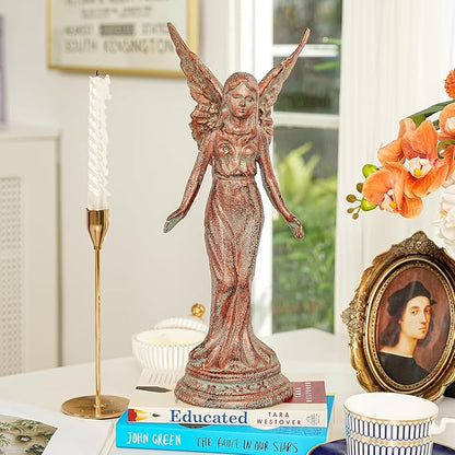 Sungmor Vintage Cast Iron Angel Statue - Rustic Decorative Figurine for Garden, Shelf or Mantel - 15.3" Tall Heavy Duty Patina Finish, Indoor/Outdoot Angel Sculpture