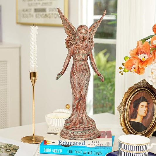 Sungmor Vintage Cast Iron Angel Statue - Rustic Decorative Figurine for Garden, Shelf or Mantel - 15.3" Tall Heavy Duty Patina Finish, Indoor/Outdoot Angel Sculpture