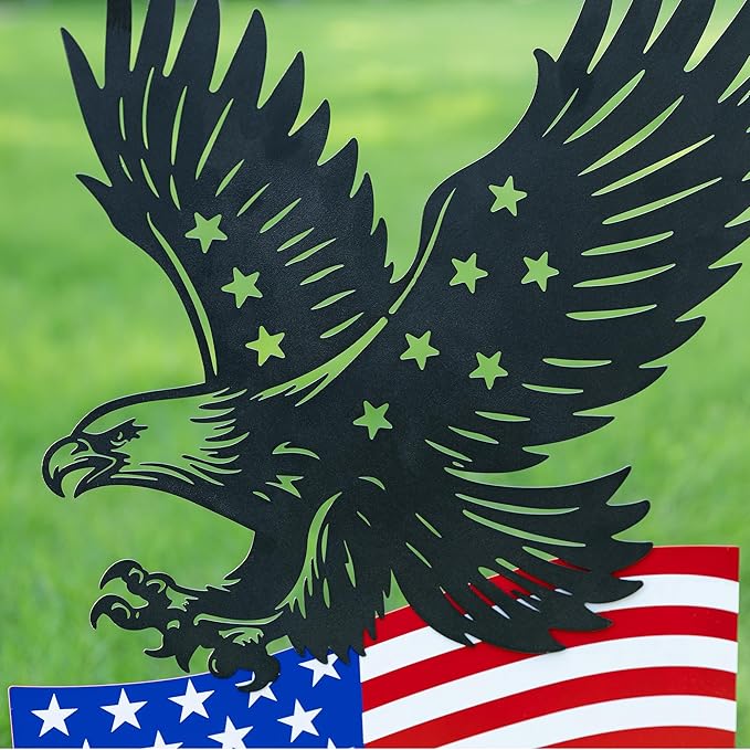Glitzhome 29.75"H Patriotic Americana Metal Eagle Silhouette & Flag Yard Signs,Patriotic Decorative Garden Stakes for 4th of July Decorations Outdoor,Memorial Day Yard Signs for Lawn Porch Decor