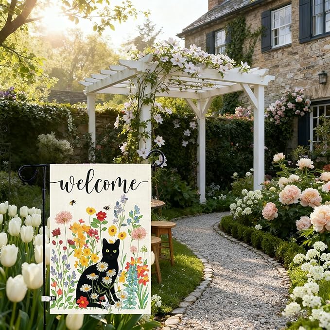 Baccessor Spring Summer Black Cat Garden Flag Double Sided 12.5 x 18 Inch Burlap with Clip and Stopper,Floral Flowers Welcome Flag Front Yard Lawn Seasonal Farmhouse Outside Outdoor Decoration
